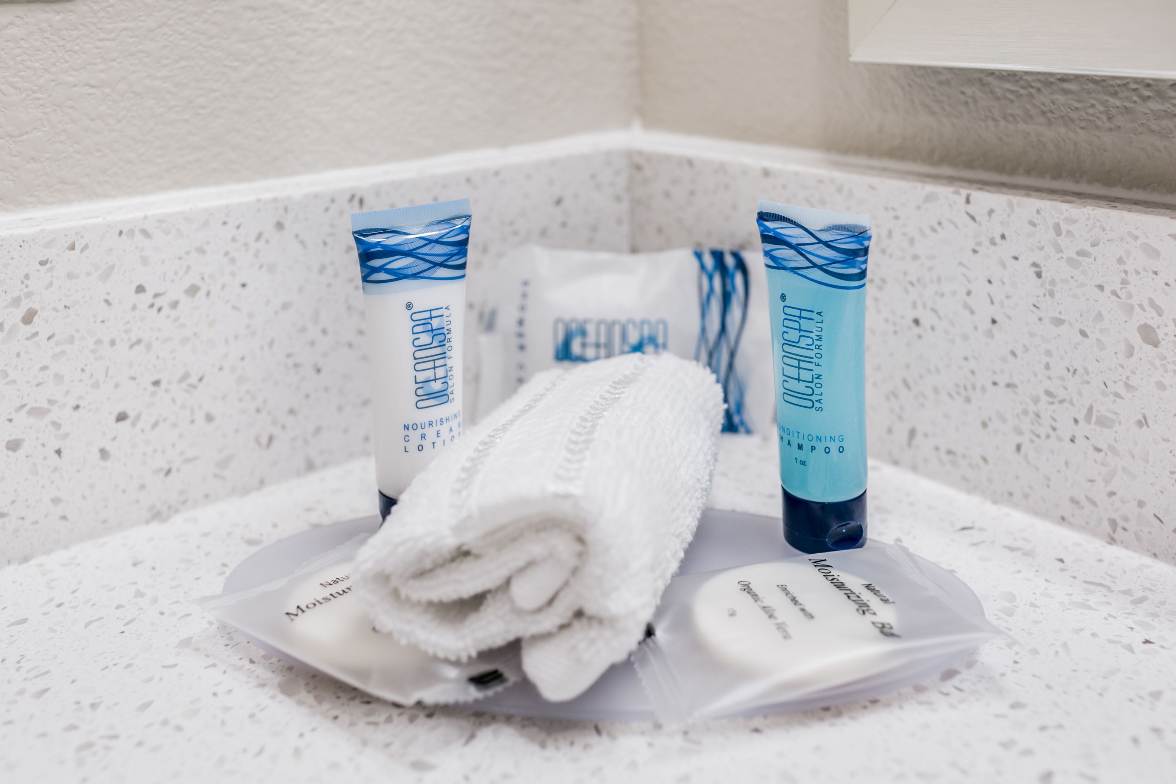 free toiletries, hair dryer, towels