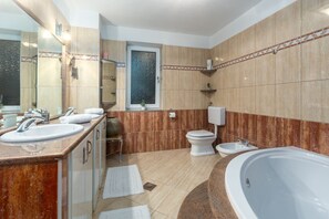Bathtub, hair dryer, bidet, towels