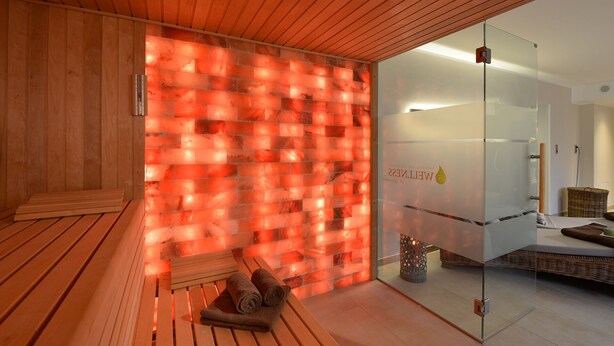 A modern spa room with a wooden floor, a glass wall, and a heated wall feature. - Apartment with hotel comfort (Bad Rothenfelde)