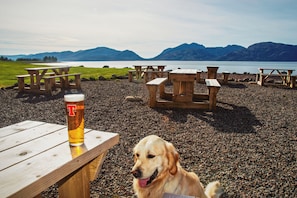 A beach with wooden picnic tables and a glass of beer. - Waterfront Lodge 4 with Hot Tub (Kentallen Pier)