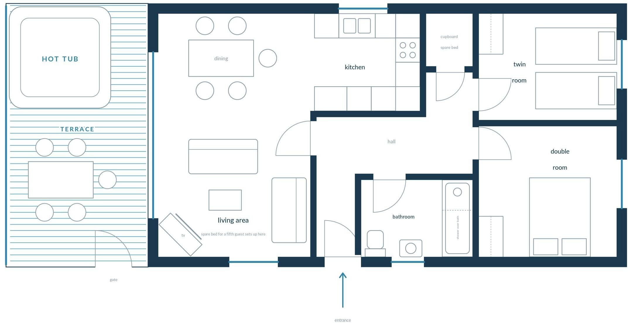 Plano de planta de un hotel con terraza, comedor, cocina, sala de estar, baño y habitaciones individuales y dobles.