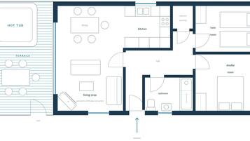 Plano de planta de un hotel con terraza, comedor, cocina, sala de estar, baño y habitaciones individuales y dobles.