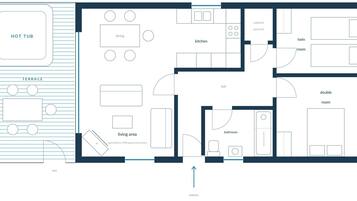 Ein Grundriss eines Hotels mit Terrasse, Essbereich, Küche, Wohnbereich, Bad sowie Doppel- und Zweibettzimmern.