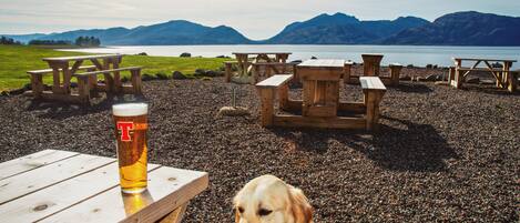 A beach with wooden picnic tables and a glass of beer.
