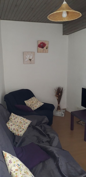 Un salón con un sofá oscuro, cojines estampados, una lámpara de fibra y cuadros en la pared.