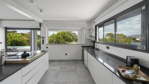 Een moderne keuken met een groot raam, een ingebouwde oven en een strak aanrecht.