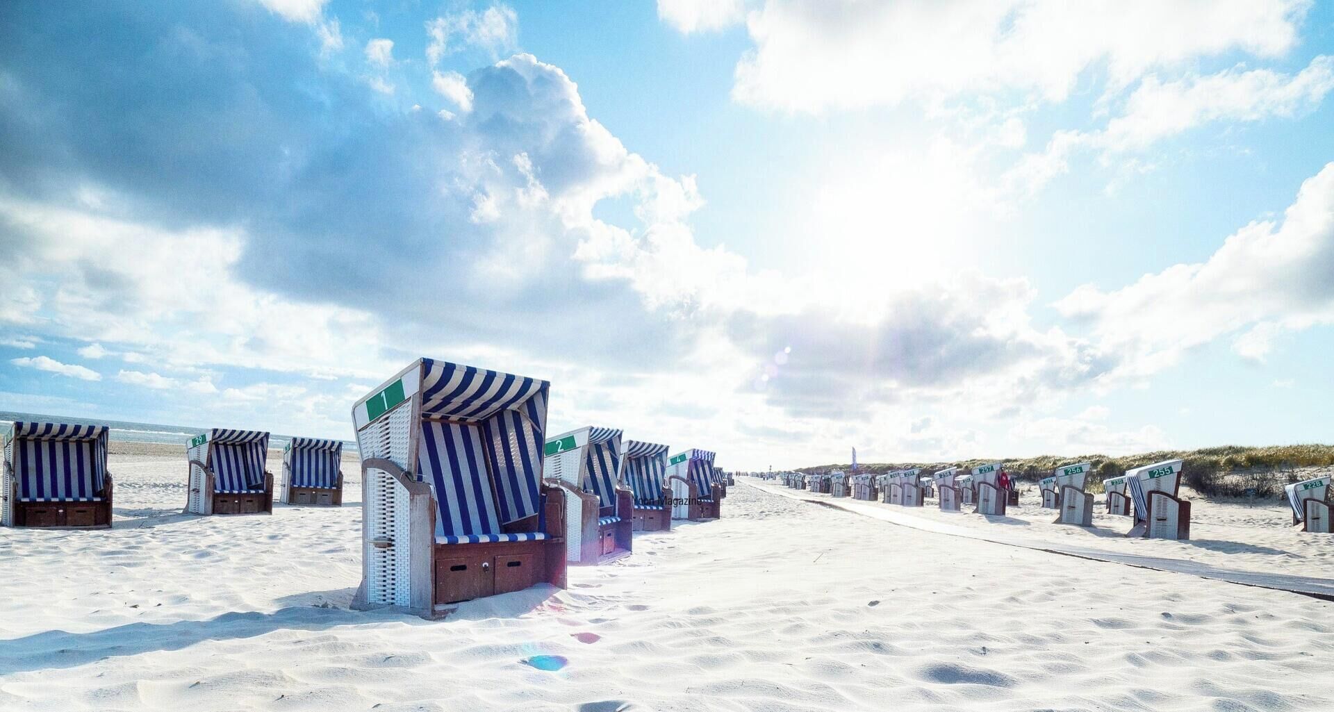 A beach with rows of striped beach chairs and umbrellas, a sandy path, and a clear sky.