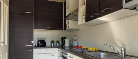 Una cocina compacta con armarios oscuros, un lavamanos de acero inoxidable y una encimera con hervidor, cafetera y fruta.