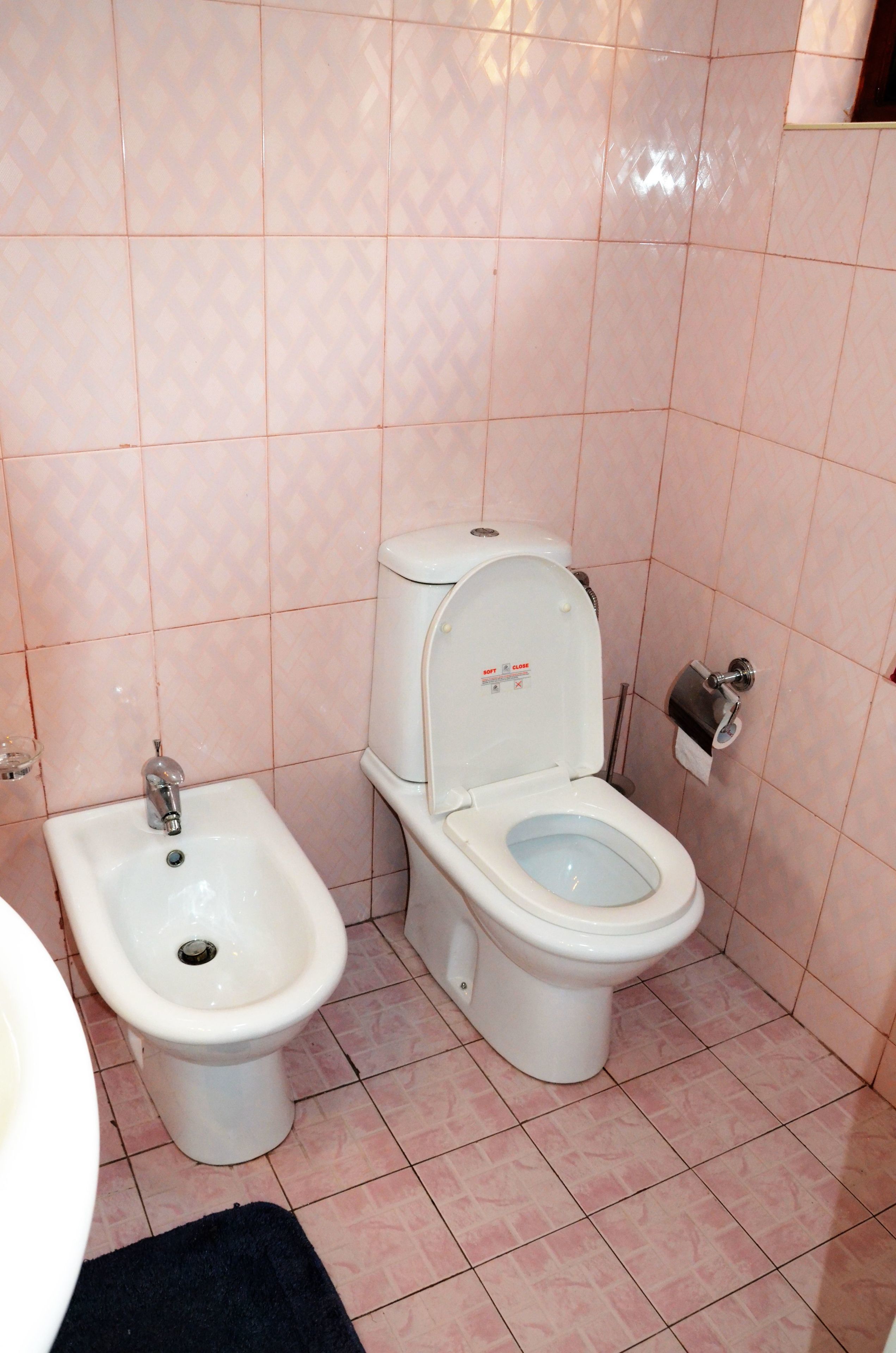 A bathroom with a bidet, toilet, and sink.