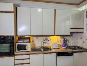 Kühlschrank, Mikrowelle, Herdplatte, Kochgeschirr/Geschirr/Besteck