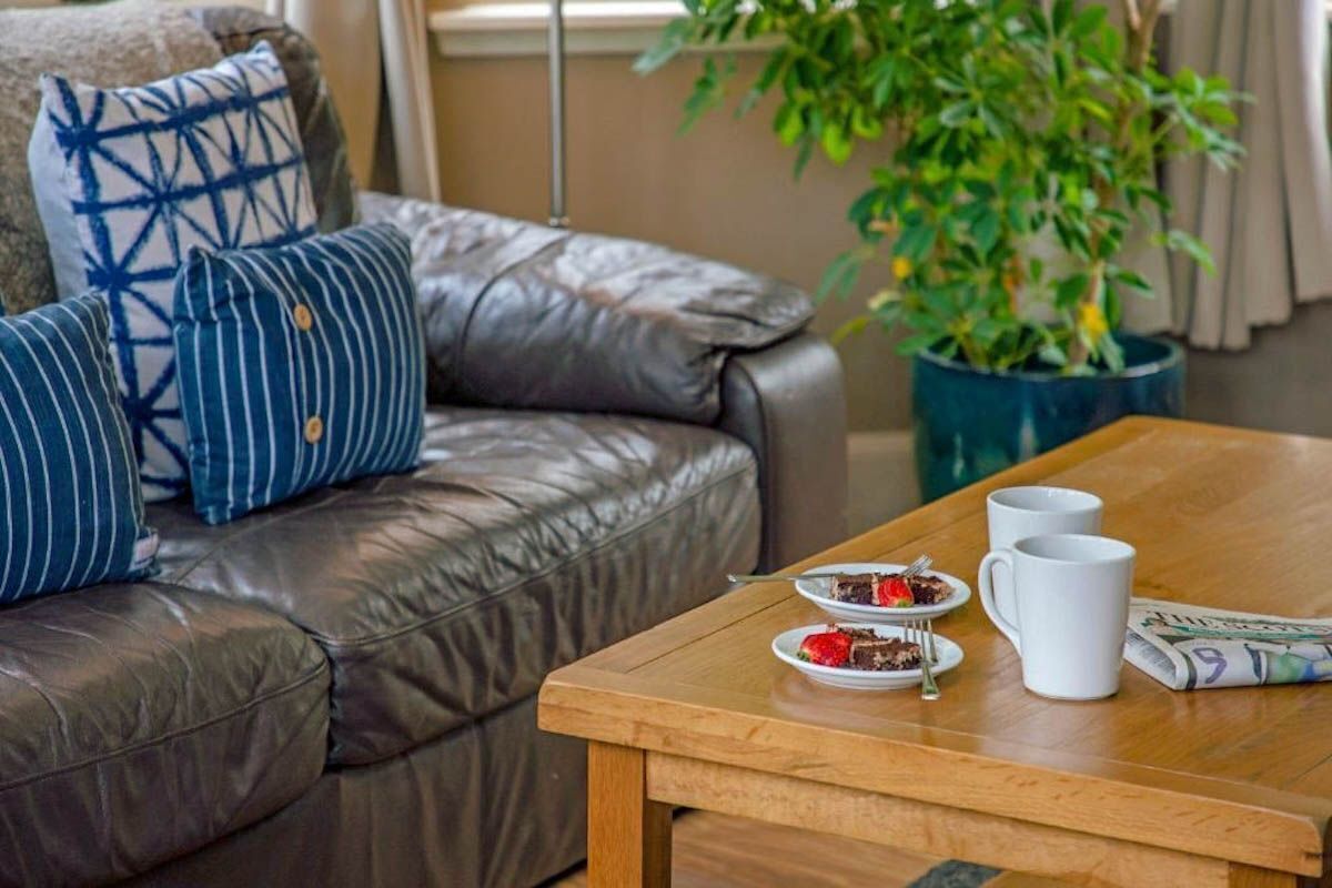 Een leren bank met gestreepte kussens, een houten bijzettafeltje met een bord eten en een mok, en een kamerplant op de achtergrond.