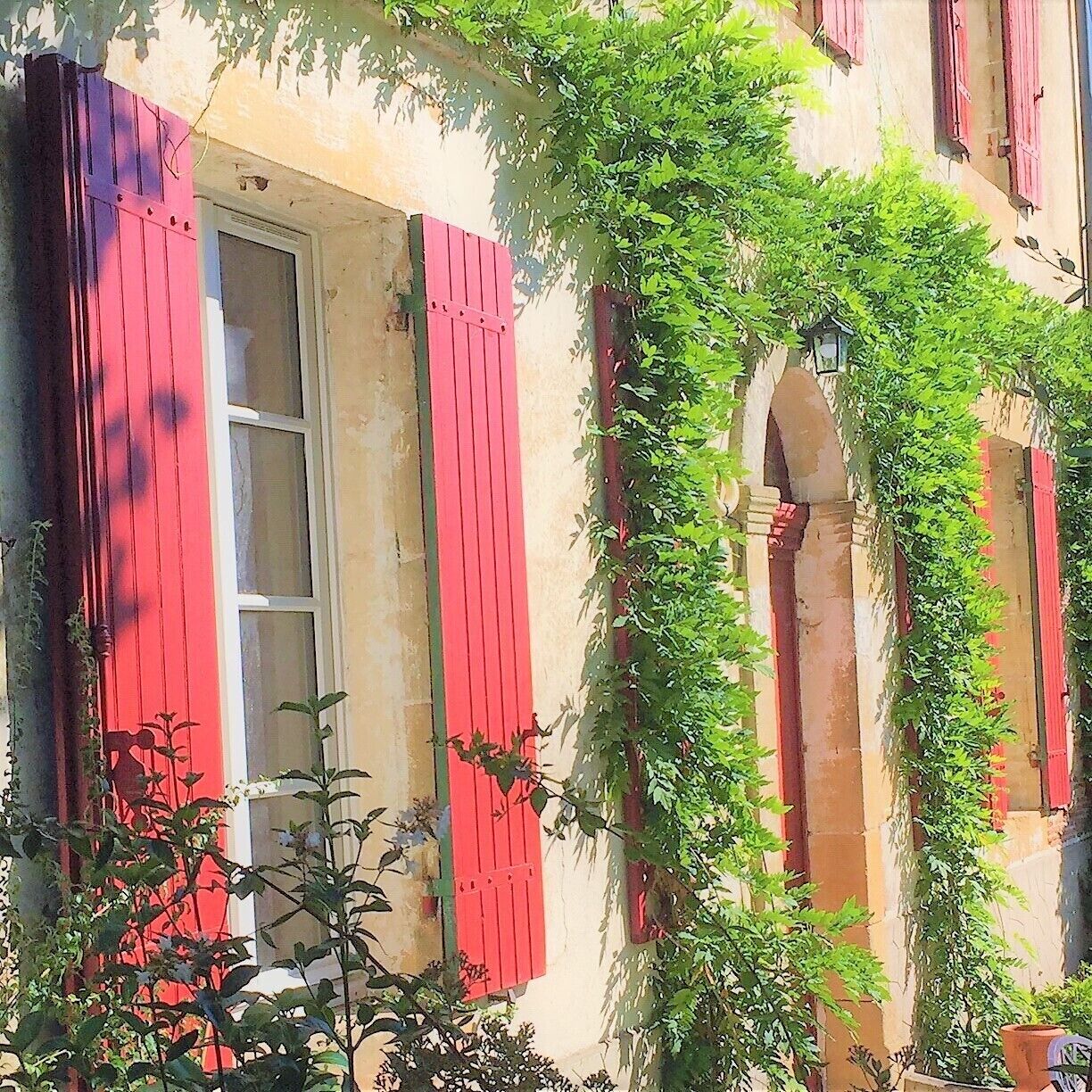 Un bâtiment avec des volets rouges et une fenêtre, entouré de verdure.