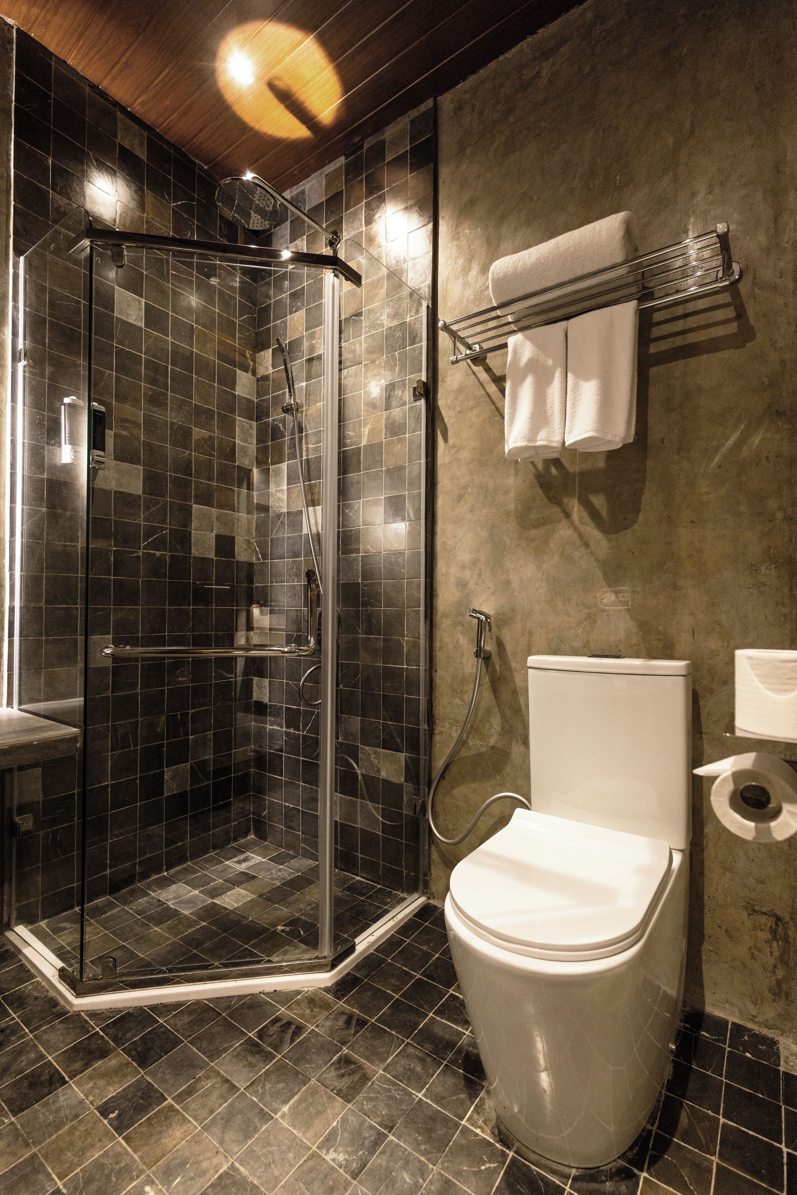 Un baño con ducha envuelta en cristal, un inodoro blanco y un perchero con dos toallas.