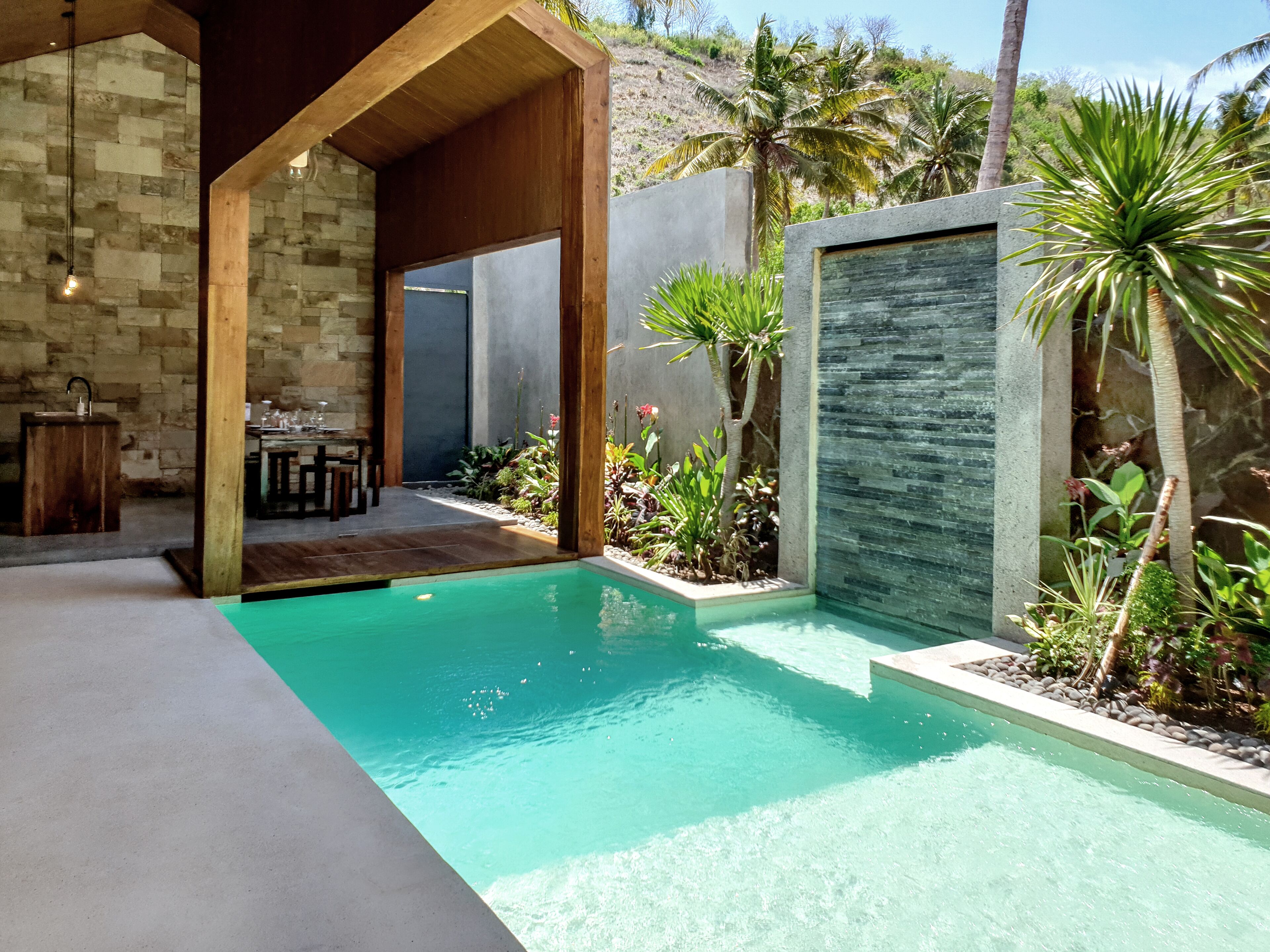 A modern outdoor pool area with a stone wall and tropical plants.