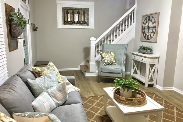 Living room with queen sleep sofa