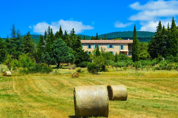 Un edificio con techo de tejas, rodeado de árboles y pacas de heno en un campo.