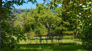 Un parc avec une table et des chaises en métal, entouré d’arbres et d’herbe.