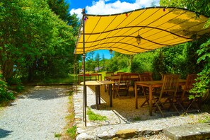 Un patio al aire libre con mesas y sillas bajo un amplio paraguas amarillo, rodeado de follaje.