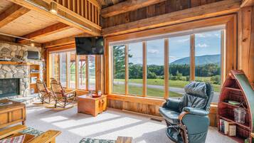 TV connectée, cheminée, livres, chaßne hi-fi