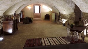 An arched stone ceiling room with a staircase leading to an upper level.