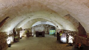 An arched stone room with a fireplace, a table with chairs, and a bed.