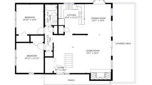 Un plan d’étage d’une maison comprenant deux chambres, une cuisine, une salle à manger, un salon, un hall d’entrée, une salle de bain et une terrasse couverte.