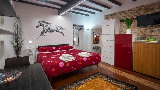 A modern bedroom with a large bed, a wooden wardrobe, a desk with a bowl, and a plant on the dresser. - independent apartment in Trastevere (Roma)