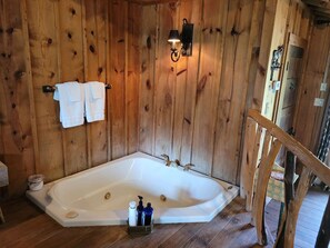 Jetted tub, hair dryer, towels