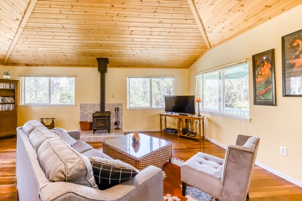 Télévision, cheminée, lecteur de DVD, vidéothèque