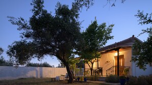 A house with a patio, a staircase, and a tree in the yard. - Eleni's Charming Cottage, ideal for Couples or Families seeking Natural Living (Skiathos island)