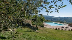 Una piscina rodeada de césped, olivos y vistas a colinas al fondo.