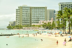 A beach with palm trees, a sandy shore, and high-rise buildings in the background.