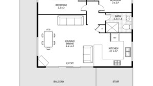 Un plan d’étage comprenant une chambre (3,3 x 3 m), un salon/salle à manger (4,4 x 4,1 m), une cuisine (3,1 x 2,7 m), une salle de bain (2,2 x 1,6 m) et un hall d’entrée.