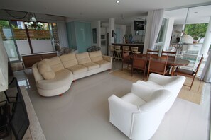 TV, lareira, DVD player, livros