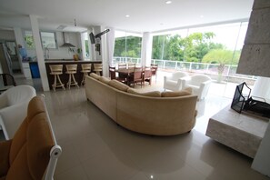 TV, lareira, DVD player, livros