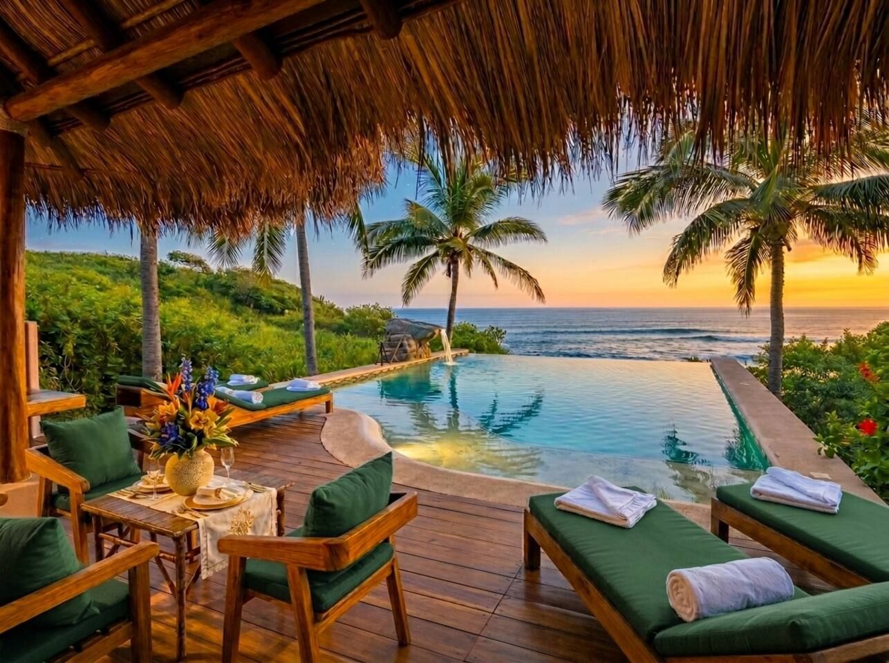 An infinity pool with a view of the ocean, wooden deck seating, and a thatched roof structure.