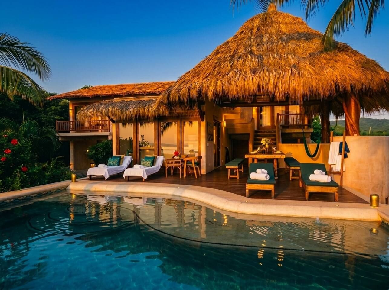 A poolside area with lounge chairs and a thatched-roof structure.
