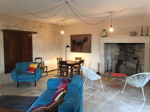 TV, fireplace, books