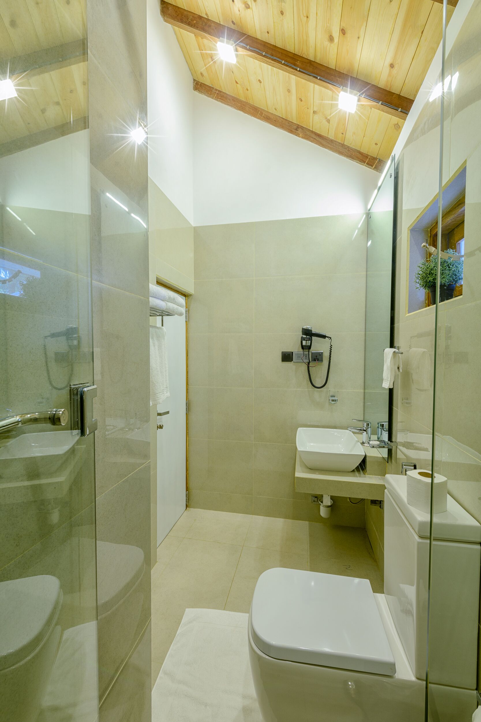 Een moderne badkamer met een douchecabine van glas, een wit wastafelmeubel en een toilet.