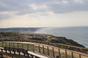 A coastal walkway with a stone wall and wooden benches, overlooking the sea and distant hills.
