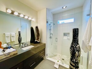 Combined shower/bathtub, hair dryer, bidet, towels - Warm Sands Mid-Century Oasis (Palm Springs)