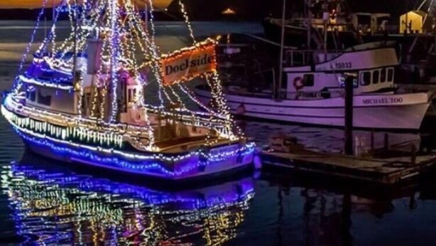 A boat adorned with colorful lights docked at a marina with a mountainous backdrop. - AMAZING, OCEAN VIEWS,
MORRO 🪨, JACUZZI, WIFI, PARKING (Morro Bay)
