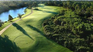 Un parcours de golf avec un plan d’eau, entouré d’une forêt dense et sous un ciel dégagé.