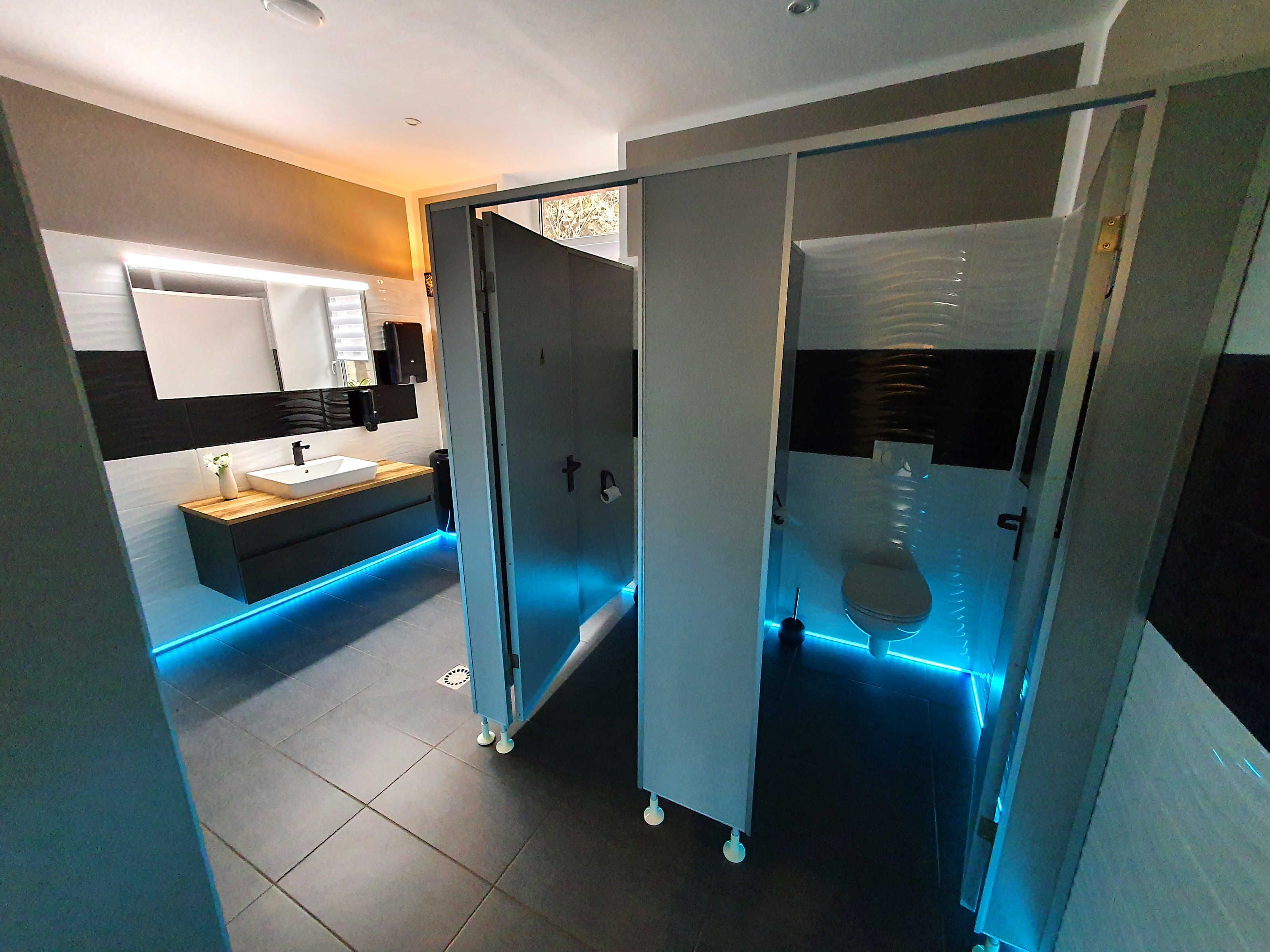 Een moderne badkamer met glazen douchewand, wastafel en toilet.