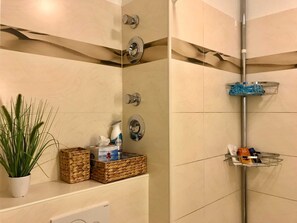Dusche, Haartrockner, Seife, Toilettenpapier