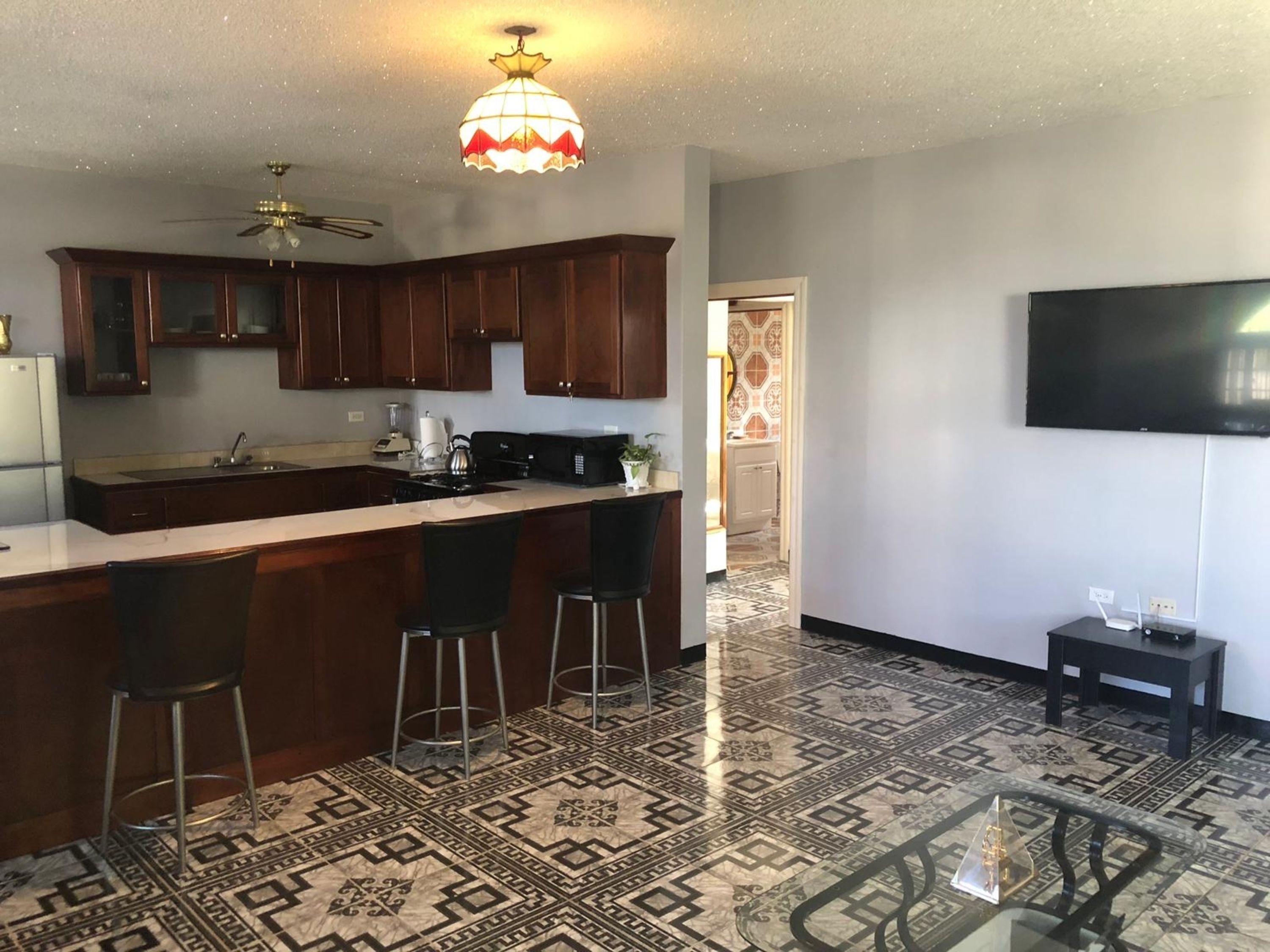 Apartemen Elite, 1 Tempat Tidur Queen dengan tempat tidur Sofa, Bebas Asap Rokok, pemandangan kebun | Dapur pribadi | Lemari es besar, microwave, oven, dan kompor