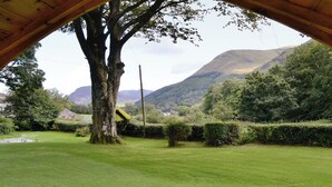 A grassy outdoor area with a large tree, a wooden structure, and a view of hills in the background.