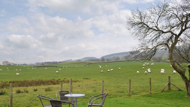 A patio with two chairs and a table, overlooking a grassy field with sheep.