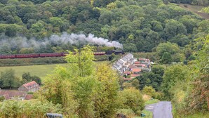 A rural landscape with a train passing through a village. - 3 bedroom accommodation in Grosmont, near Whitby (Grosmont, near Whitby)