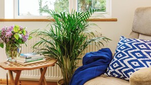 A cozy room with a large window, a wooden table with books and a plant, a sofa with patterned pillows, and a radiator.